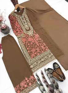 Ensemble Salwar Traditionnel pour Femme en Georgette Lourde Ornée de Diamants, Broderie Florale, Séchage Rapide, Marron Rouge, Tenue Décontractée, Inde - Product Image 5