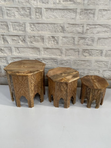 Solid Wooden Hand Carved Floral Nesting <b>Tables</b> Set of 3 Rustic <b>Brown</b> Octagonal Coffee <b>Tables</b> for Living Room Hotel Restaurant - Product Image 3