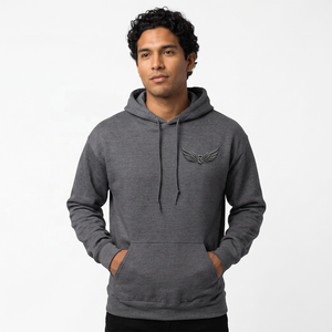 Sweat-shirt à capuche gris pour homme avec logo ailes en relief, poche avant, coupe classique, décontracté, pour l'automne - Product Image 4