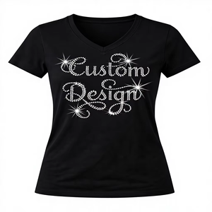 Camiseta Oversize para Mujer Azul Marino y Negra con Estampado de Pedrería, Estilo Urbano Casual de Algodón, Ajuste Holgado, con Logotipo Personalizado - Product Image 1