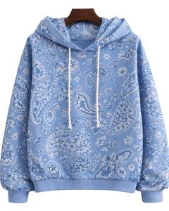 เสื้อฮู้ดดี้ผู้หญิงลายพิมพ์เพสลีย์สีฟ้าสกายบลูแบบกำหนดเอง ผ้าฝ้ายฟลีซ สวมใส่สบาย ผลิตตามสั่ง ผู้ผลิตเสื้อผ้าขายส่ง - Product Image 1