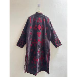 Chaqueta Larga de Terciopelo con Bordado Morado para Mujer, Diseño Floral, Estilo Bohemio, Manga Larga, Cuello Alto, Ropa de Invierno - Product Image 3
