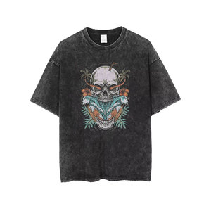 Regular Fit Men's Black T-Shirt with Skull and Tropical Print Short Sleeve O-Neck Street Style Jersey Cotton 320g Gear - Product Image 1