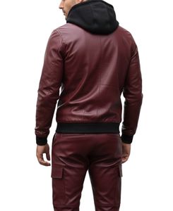 Men's Premium Burgundy Leather Hooded Tracksuit Set – Full Zip Leather <b>Jacket</b> & Cargo Jogger Pants Two-Piece Outfit - Product Image 5