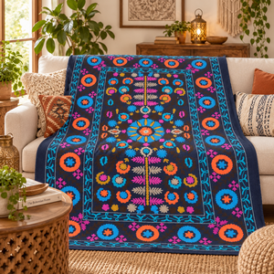 Cubrecama de Lujo Hecho a Mano con Bordado Suzani, de Algodón, Negro Multicolor, Floral, Boho, Étnico Indio, Decoración para el Hogar - Product Image 3