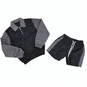 Men Sporty Tracksuit Set Black Gray Polyester Breathable <b>Polo</b> Collar Long Sleeve Shorts Spring Casual Wear - Product Image 1