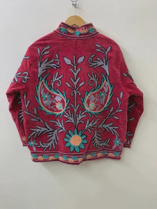Veste en velours brodée à la main avec motif palmier, soleil et cœur, col mandarin, style vacances d'été, manteau court pour femme - Product Image 2