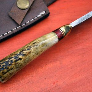 Couteau de chasse à lame fixe en acier Damas fait main, manche en bois de cerf, pointe tombante - Product Image 5