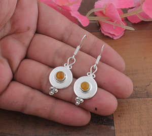 925 <b>Sterling</b> <b>Silver</b> Gold Plated Blue Lace Agate Vintage Disc Drop Earrings | Handcrafted Gemstone Dangle Earrings for Gift - Product Image 4