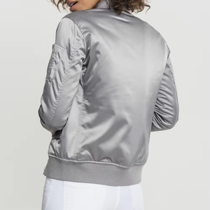 Women's Silver Bomber <b>Jacket</b> Satin Metallic Flight Coat Shiny Light Grey Windbreaker Zip Up Padded Outwear Casual <b>Pilot</b> <b>Jacket</b> - Product Image 2