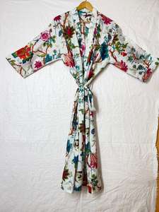 Bata Kimono de Algodón Estampada a Mano: Chaqueta Ligera Azul Estilo Boho para Invierno con Cinturón, Venta al por Mayor - Product Image 3