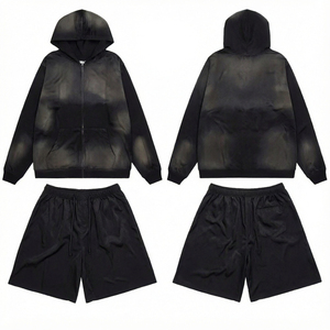 Men's Hooded Sweatshirt Set Gradient Color Dip Dye <b>French</b> Terry Casual Autumn Wear Black Long Sleeve Shorts Matching <b>Outfit</b> - Product Image 3
