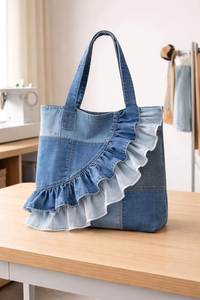 Sac à bandoulière en jean à volants pour femme, sac fourre-tout tendance avec deux anses, grande fermeture éclair, idéal pour le quotidien, le shopping, les voyages, écologique - Product Image 2