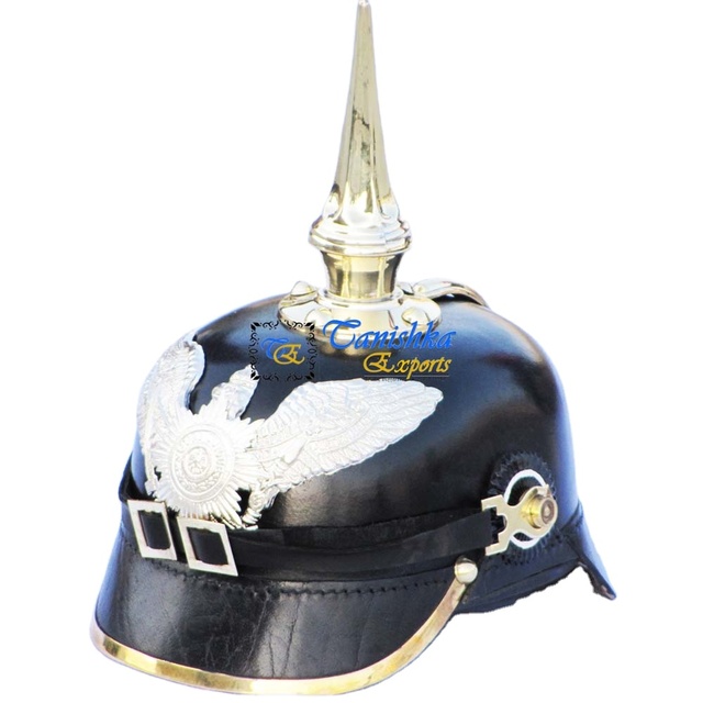 Medieval German Officer Pickelhaube Leather Brass Helmet with Wooden Stand Black & Gold Handmade High Quality Armor