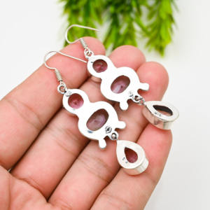 Pendientes de Plata 925 con Dijes de Lujo Color Rosa, Estilo Indio - Product Image 3