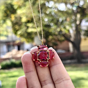 High quality <b>necklace</b> checker cut <b>ruby</b> quartz designer pendant <b>necklace</b> brass 18k gold plated prong set multi gemstone <b>necklace</b> - Product Image 5