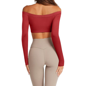 Women Off The Shoulder Long Sleeve <b>Crop</b> <b>Top</b> Solid Color <b>Red</b> Yoga Activewear Seamless Fit Regular Style Full Sleeve - Product Image 2