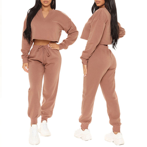 <b>Women</b> Solid Color V Neck Crop <b>Top</b> Tracksuit With Drawstring Pants Full Sleeve Casual Loose Fit Autumn Wear 100% Cotton - Product Image 2