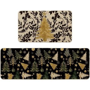 Golden Christmas Tree <b>Ornament</b> <b>Kitchen</b> Mats Set of 2 Low Profile Winter Home Decor Elegant Rug for <b>Kitchen</b> Floor - Product Image 1