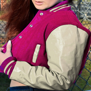 Womens Varsity Crop Jacket Magenta Pink Beige Letterman Style Bomber Coat Faux Leather Sleeves Casual Outerwear Ladies Fashion - Product Image 4