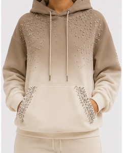 Sudadera con Capucha para Mujer, Beige, con Lentejuelas, Tejida en Algodón, Manga Regular, Estilo Casual Otoñal, con Bolsillo Decorativo - Product Image 3