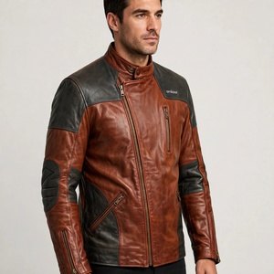 Blouson de moto en cuir personnalisé pour homme, color-block, fermeture éclair, col montant, style motard, pour l'automne - Product Image 4