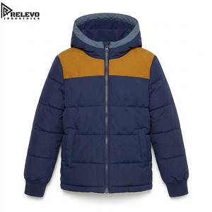 Chaqueta Acolchada de Invierno para Hombre, de Alta Calidad, Premium, OEM, Color Azul Marino y Marrón Dorado, con Capucha y Puños Acolchados - Product Image 1