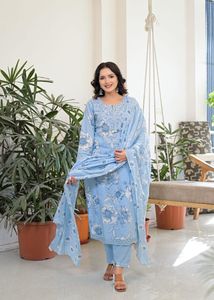Premium Sky Blue 60x60 Cotton Handwork Suit Set with Floral Print <b>Kurta</b> Matching Pants and Dupatta for <b>Women</b> - Product Image 1