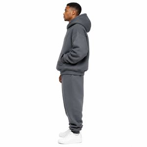 Men's Oversized Hooded Tracksuit Set Solid Gray Cotton <b>Joggers</b> with Front Logo Print Casual Autumn Wear Full Length Loose Fit - Product Image 4