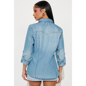 2026 on Trend Women's Long Sleeve Snap Button Closures Ripped Collar Flap Pockets Raw Hem Wash Denim <b>Shirt</b> - Product Image 2