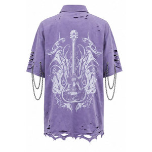 Camisa gótica de manga corta para hombre, color granate, con estampado de llamas, cadenas y dobladillo rasgado, estilo casual, para verano. - Product Image 6