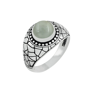 Anillo de Plata de Ley 925 con Aguamarina Verde Natural, Gema Redonda Cabujón con Patrón de Mosaico Agrietado, Joyería - Product Image 1