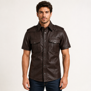 <b>Mens</b> Vintage <b>Brown</b> Leather <b>Shirt</b> Short Sleeve Genuine Cowhide Button Casual Biker Quilted Shoulders Double Flap Anti-UV - Product Image 3