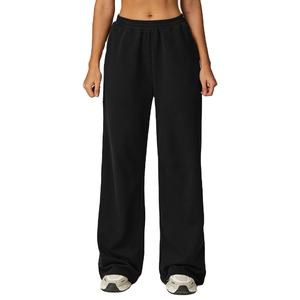 Pantalones Anchos de Mujer, Color Beige Sólido, Cintura Alta, Elásticos, Corte Holgado, Largos, Estilo Casual Otoñal, Teñido Liso, de Algodón - Product Image 2