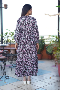 Robe à imprimé en bloc, tuniques indiennes, robe imprimée à la main, robe longue en coton, col en V, manches longues, tenue décontractée, robe longue maxi pour femmes - Product Image 3