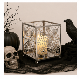 Metal Halloween <b>Lantern</b> with Intricate Spider Web Punch Detail Spooky Silver Candle Holder for Gothic Home Decor and Party Use - Product Image 2