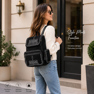 Western Genuine Suede <b>Leather</b> <b>Backpack</b> with Embroidered Stitch Detail Multi Pocket Travel <b>Laptop</b> School Fashion <b>Backpack</b> Women - Product Image 5
