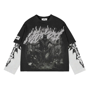 <b>Men's</b> Oversized Long Sleeve <b>Thermal</b> T-Shirt O-Neck Jersey Skull Print Street Style Black Purple Pattern Front Logo - Product Image 4