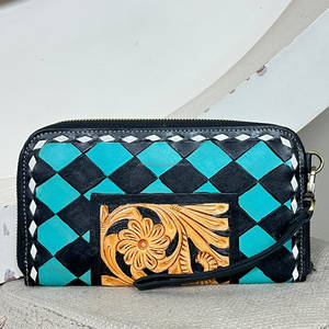 New Fashion Hand Tooled Leather <b>Clutch</b> Purse Checkered Pattern Super September Credit Card Holder For Women's <b>Wallet</b> Daily - Product Image 2