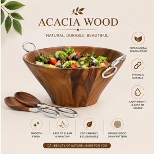 Ensemble de bols à salade en bois d'acacia faits à la main avec cuillères de service en bois, grand bol à fruits, décoration rustique pour la cuisine et la table à manger - Product Image 5