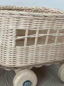 Handmade rattan Wicker Trolley With Wooden Wheels <b>For</b> Baby 0-3 Years Old - Product Image 2
