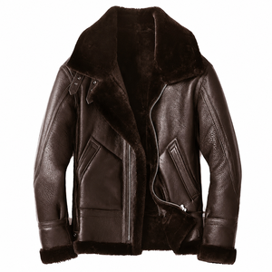 Men's Genuine Leather <b>Biker</b> <b>Jacket</b> With Faux Fur Lining Zipper Closure Turn-down Collar Winter Wear - Product Image 3
