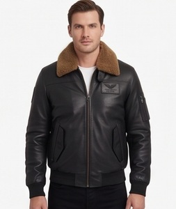 Chaqueta de Aviador de Cuero y Lona para Hombre, con Cuello de Piel Desmontable, Estilo Bomber, Personalizable, Táctica, Corte Ajustado, Talla XS - Product Image 1