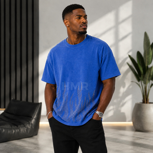 HMR Brotherhood Men's Oversized Blue Cotton T-<b>Shirt</b> With Rhinestone <b>Flame</b> Print Casual Streetwear Short Sleeve O-Neck Jersey - Product Image 3