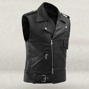 Men's <b>Black</b> Leather-Style Moto <b>Vest</b> With Zipper Closure Turn-down Collar Plus Size Outerwear Autumn Winter - Product Image 2