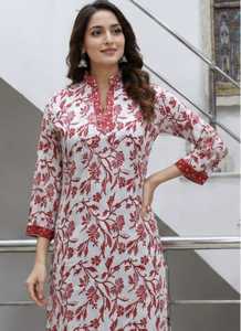 Women Red Floral Printed Cotton Kurti Mandrin Collar Straight Kurta Ethnic Casual Wear Tunic <b>Top</b> <b>Indian</b> Ladies Dress Wholesale - Product Image 2
