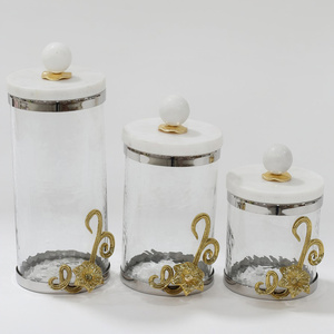 Elegant Marble & Metal Canisters Minimalist Glass <b>Storage</b> Jar Set With Marble Lids for <b>Kitchen</b> Tableware Accents - Product Image 1
