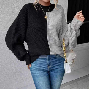 Women's Asymmetric Color Block Knitted Pullover Crew Neck Long Sleeve Batwing Sweater Anti-Pilling Autumn Wear - Product Image 3