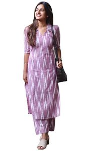 Conjunto de Kurta con Estampado Ikat de Algodón para Mujer, Tela Suave, Traje Étnico Elegante - Product Image 3
