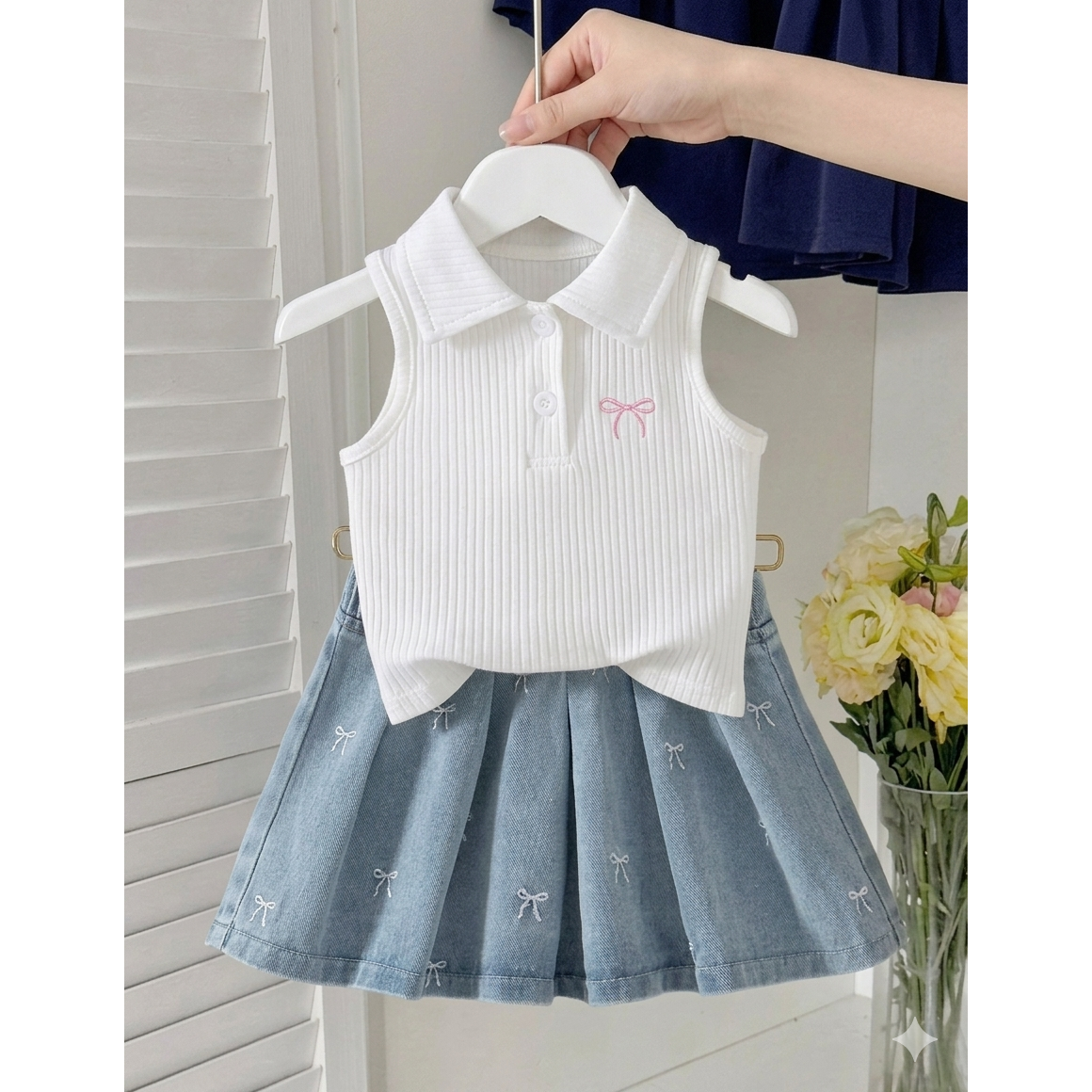 เสื้อสีขาว + กระโปรงยีนส์สีฟ้าอ่อน